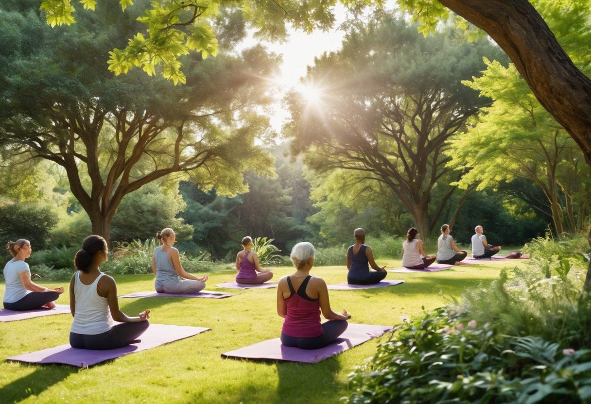 A serene scene depicting a diverse group of cancer survivors engaging in a supportive outdoor yoga session, surrounded by lush greenery and sunlight filtering through trees. In the background, a medical research lab illustrates the journey from tumor research to holistic recovery, with subtle infographics highlighting evidence-based approaches. The atmosphere is filled with hope and serenity, showcasing resilience and community. soft-focus. vibrant colors. watercolor style.