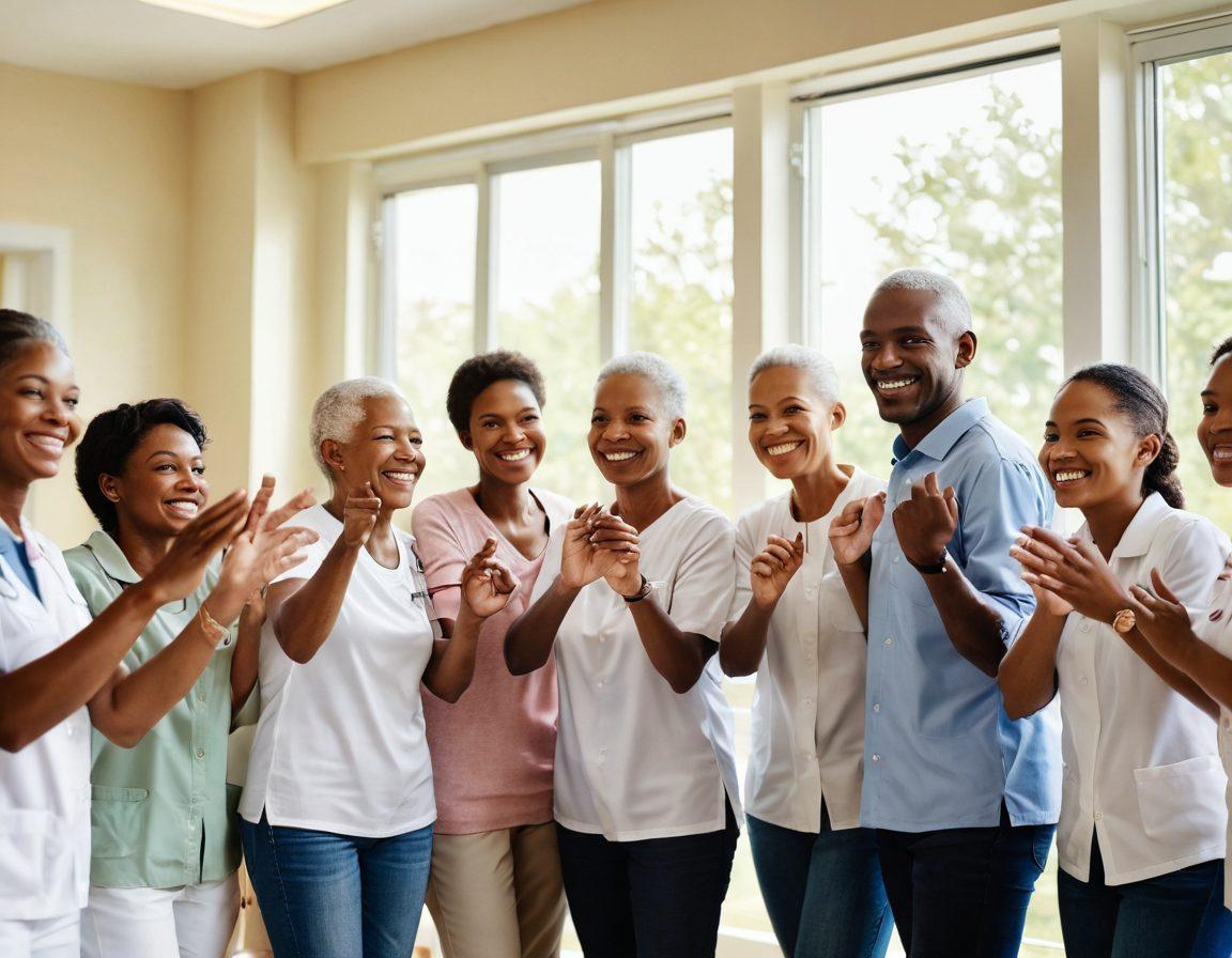A diverse group of individuals, representing various ages and backgrounds, standing together in support, with smiles and gestures of encouragement. In the background, a serene healthcare environment with soft sunlight filtering through windows, symbolizing hope and care. The foreground includes elements like ribbons for cancer awareness and hands joining together to depict unity. The scene conveys strength, resilience, and community spirit in cancer care. super-realistic. vibrant colors. 3D.